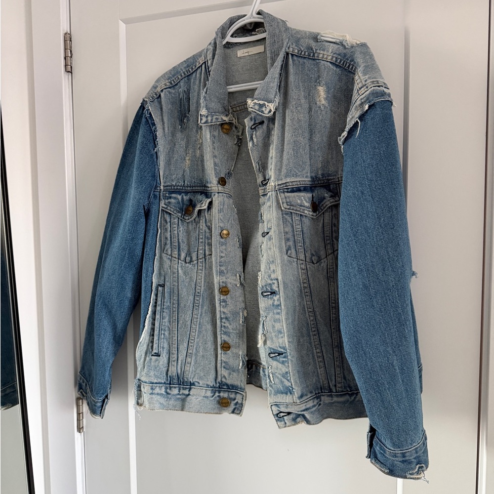Distressed Denim Jacket with Blue Sleeves